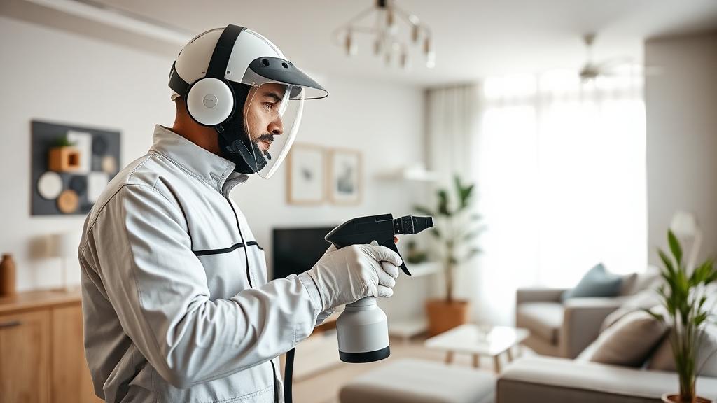 Tehnician profesionist aplicand tratament de control daunatori intr-un apartament modern