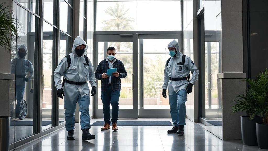 Echipa profesionista de control daunatori inspectand o cladire moderna